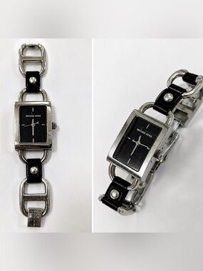 Michael Kors Chain Link Watch Silver Black Leather MK2053 Y2K Chic Luxury Grunge